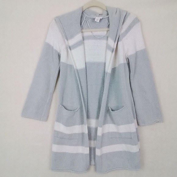 LOFT Lounge Cotton‎ Knit Hoodie Sweater Size XS in Gray, White Stripe - Picture 1 of 10